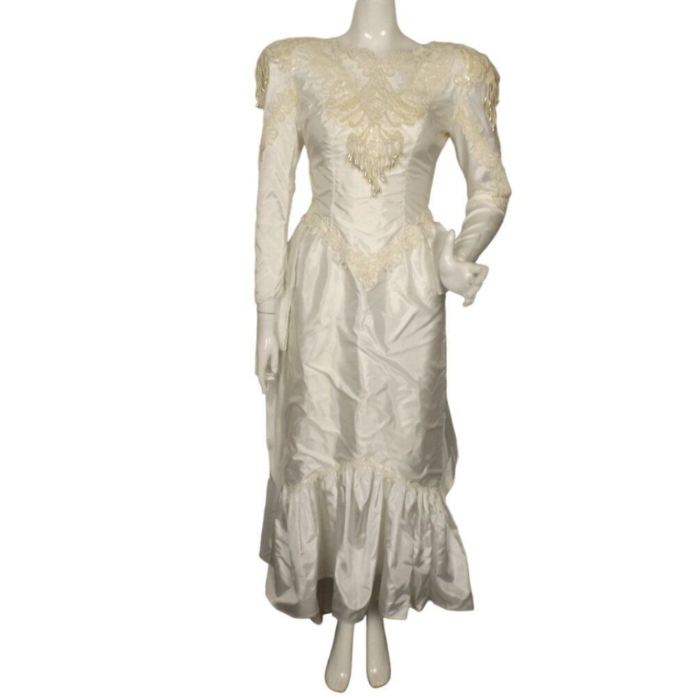 Vintage WEDDING Dress, 0 Petite, Satin/Beaded, Removable Bustle, long sleeve
